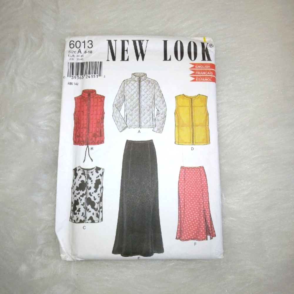 NEW LOOK 6013 Sz 8-18 Misses Quilted jacket or vest, skirt in 2 lengths.